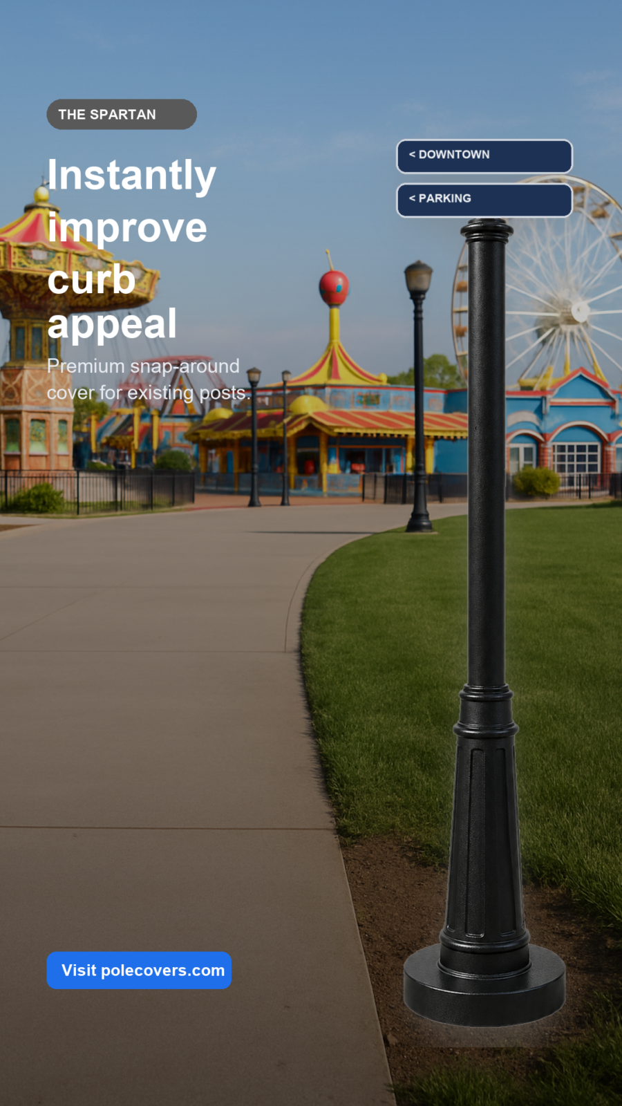 Before-and-after municipal sign post upgrade using black Spartan Pole Cover on an existing sign post