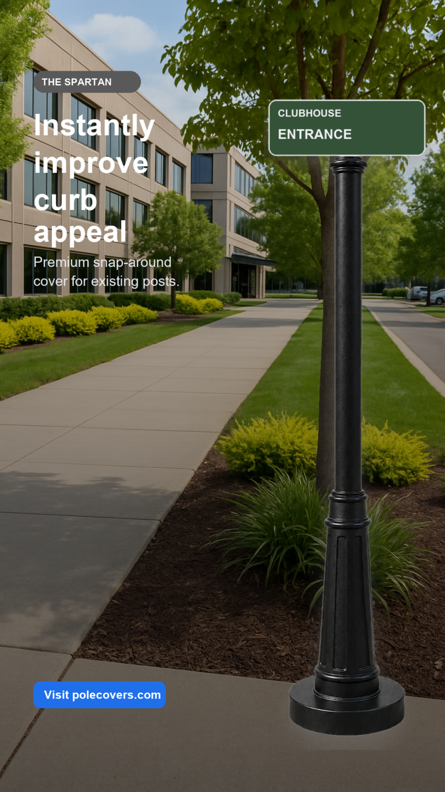 Before-and-after municipal streetscape sign post upgrade using black Pole Covers on existing posts