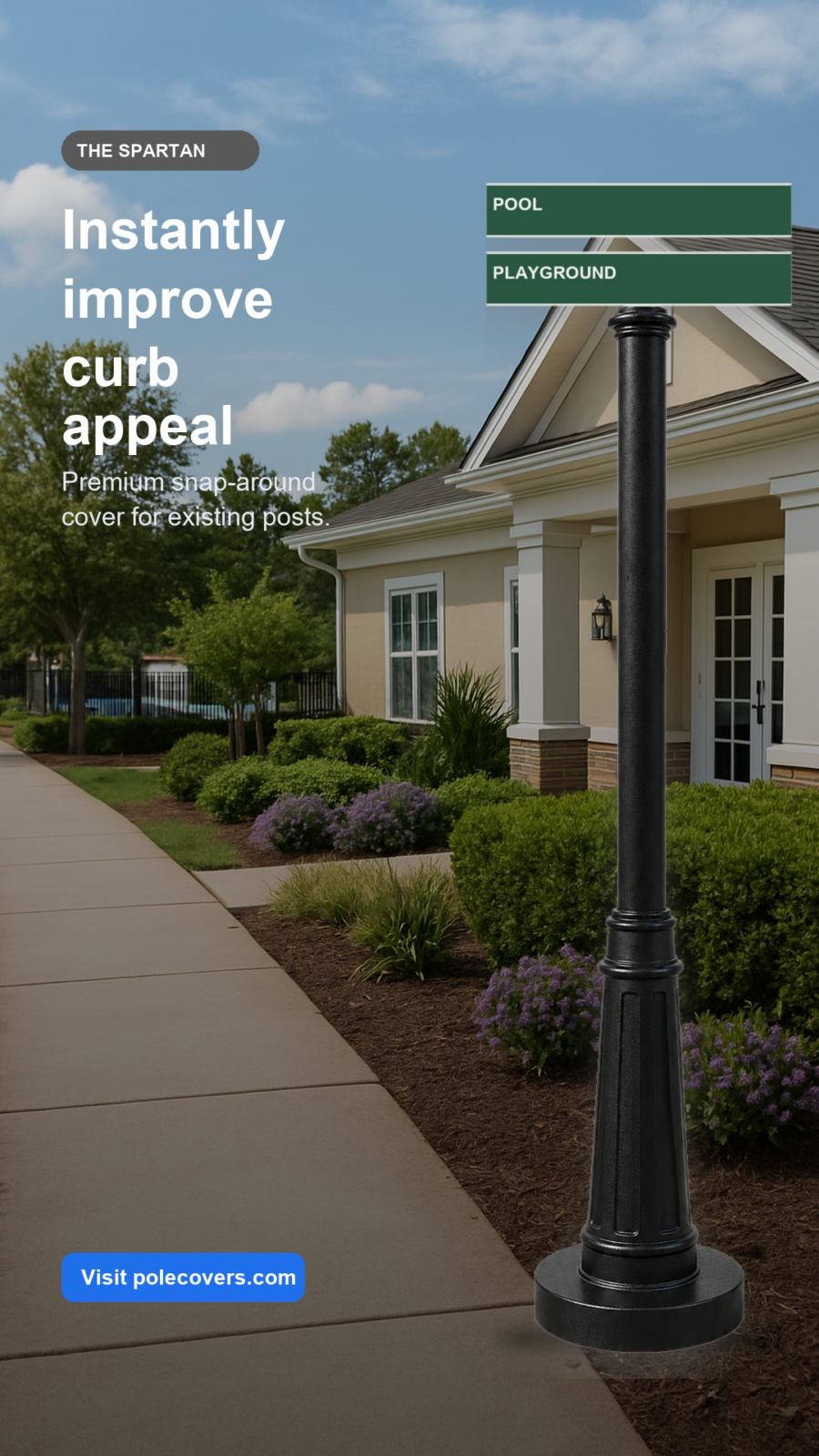 Before-and-after municipal sign post appearance upgrade using black Spartan Pole Covers on existing streetscape signage posts