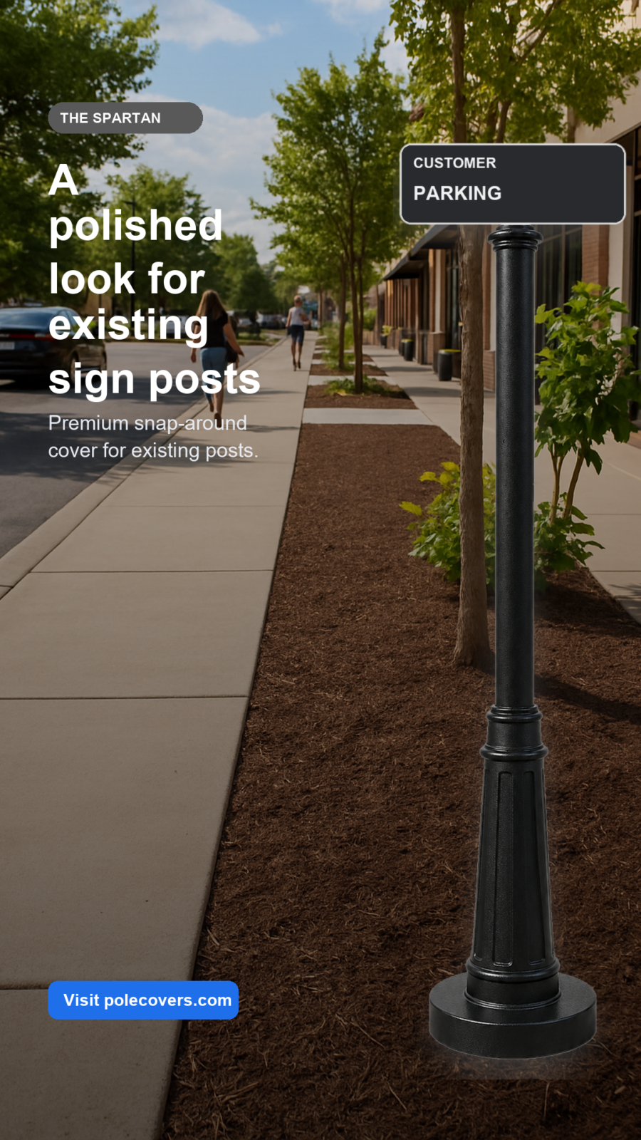 Before-and-after municipal streetscape sign posts upgraded with black Spartan Pole Covers