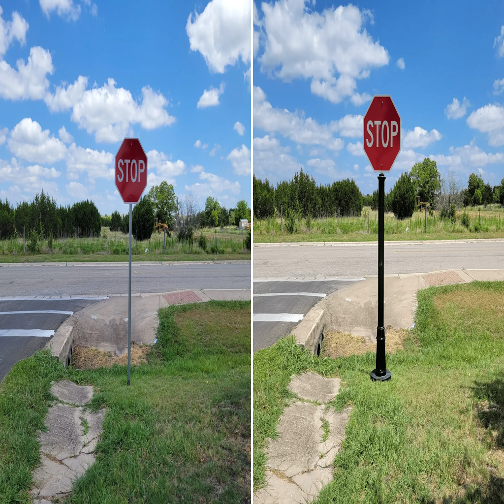 Before-and-after municipal streetscape example showing sign posts improved with black Spartan Pole Covers